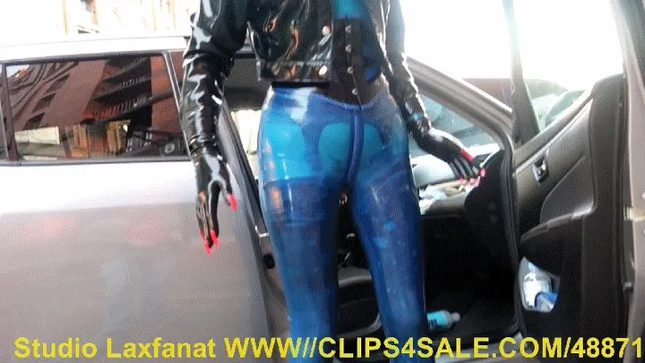 Laxie in Transparent Blue Leggings Walks in the Center of Hamburg Plugged