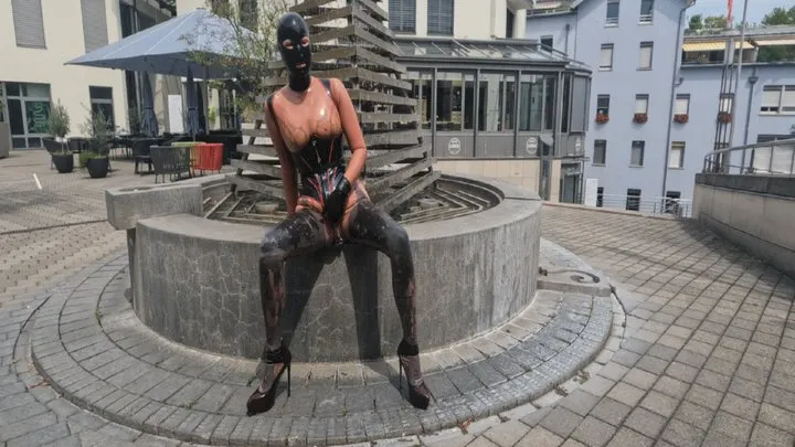 Latex transparent Catsuit, large Butt Plug and mask Flashing, Peeing and fucking in the city Piercings Out PART III