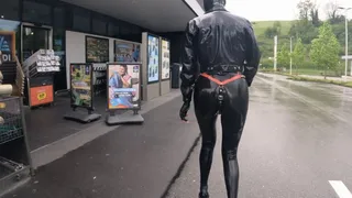 Latex Ass Leggings in Public at Shopping Mall and Huge Dildo Masturbation Labia Piercings Stretched by Chains Part 3