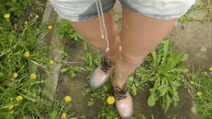 ' ' 'Jeans shorts transparent boots outside wetting and walking in piss filled shoes outdoors'