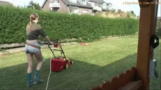 'Wetting jeans shorts while mowing the lawn'