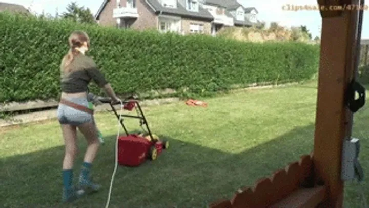 'Wetting jeans shorts while mowing the lawn'