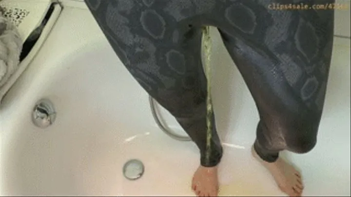 'Spandex snake leggings wetting, lamp blooper, wet look shower'