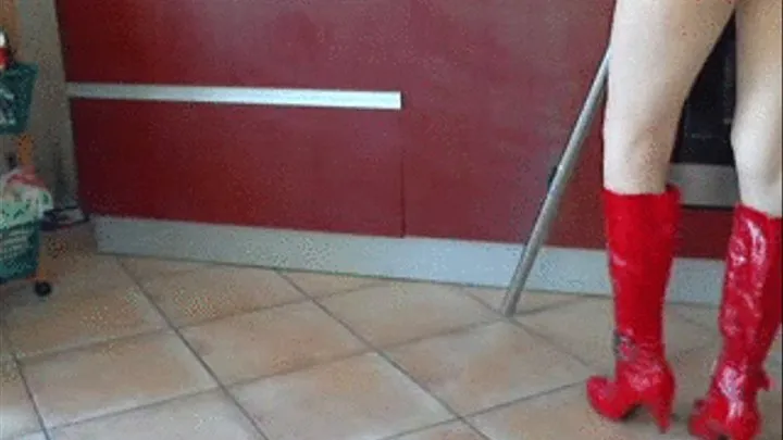 Red Boots Vacuuming - Kitchen