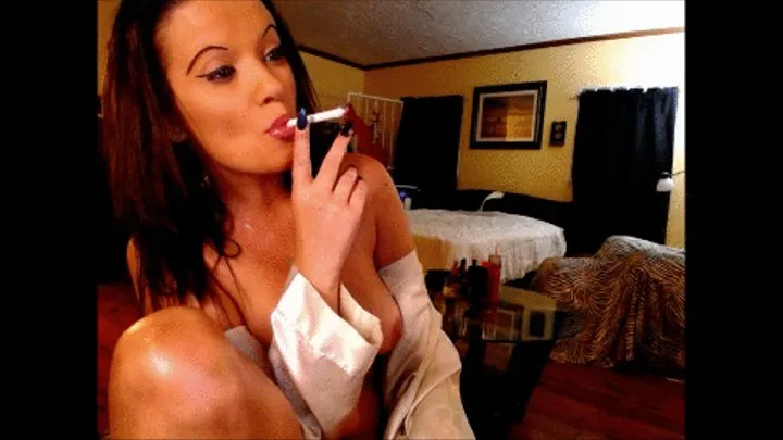 Delicious topless in a robe smoking