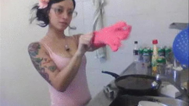 In pink gloves