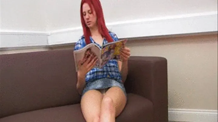 UKU - Redhead Poppy is relaxing in her denim mini skirt and spots us looking up her skirt - Mpeg