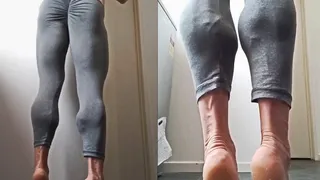 Grey Tights Reach Challenge While Cleaning Barefeet