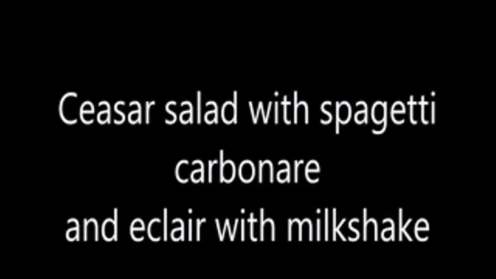 Caesar salad with spagetti carbonare and eclair with milkshake