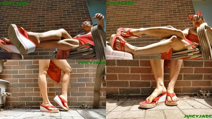 Small Asian feet in red heeled flip flops - vol 3