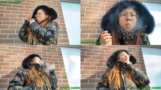 Asian Jasmine Jade in vintage fur trimmed hood jacket - close up smoking volume 73 Non Nude