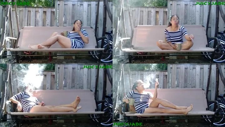 Hot fit Asian having her morning Smoke and coffee ritual outdoors in a summer dress with Coughing volume 45 Non Nude