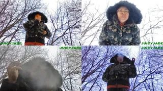 Asian Jasmine Jade enjoying a smoke outdoors when it's snowing - volume 52 Non Nude