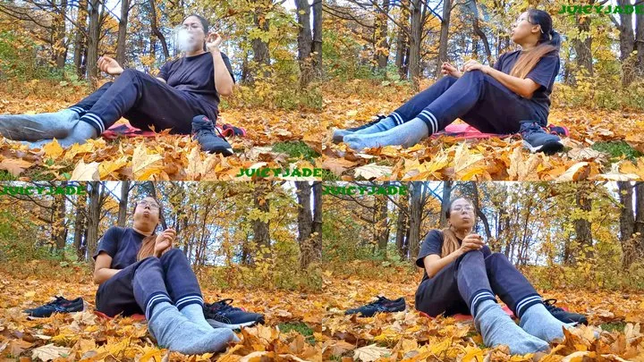 Petite fit asian enjoying a smoke outdoors during fall volume 59 Non Nude