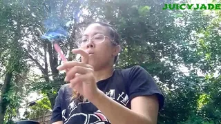 close up of Asian Goddess Jasmine Jade Smoking and Coughing outside volume 37 Non Nude * *