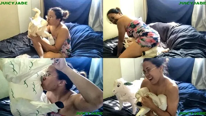 Fit Asian Model Blowing Up and Deflating 2 inflatable sheep - volume 3