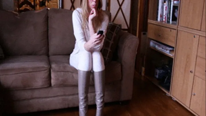 Cassandra Dressed in White & New Nine West Taupe Boots