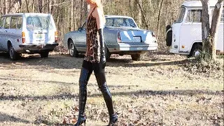 Cassandra Laine Taking a Stroll in the Woods in Shiny Thigh Boots & Gloves