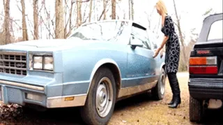 Samantha Ford Sitting on Hood of Chevy in Dress & OTK Leather Boots