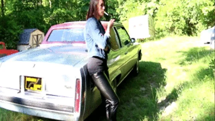 Rae Smoke Break in Leather Pants, Black-n-Red Cowgirl Boots & Denim Jacket