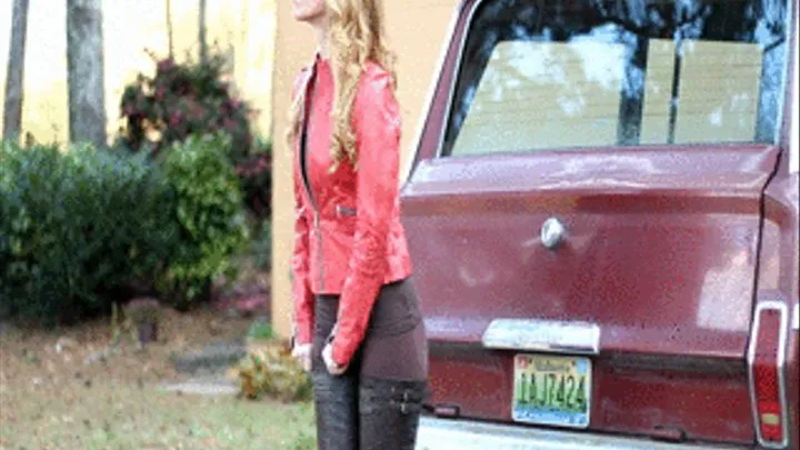 Cassandra Laine Rocking Super Thigh High Boots in Deep Brown Ostrich Leather & Leather Jacket