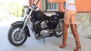 Kate Polishing the Bike in OTK Boots & Panties