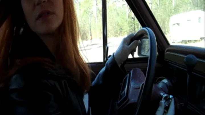 Vivian Ireene Pierce Waits in the Jeep Black & White Leather Outfit