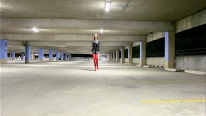 Cassandra Doing the 'Parking Deck Shuffle' in Red Thigh High Boots