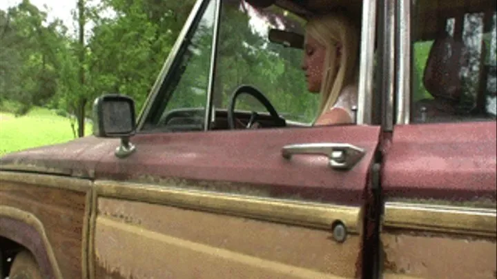 Ellie Mae Kickin Back in Her Jeep in Cowgirl Boots & Pantyhose