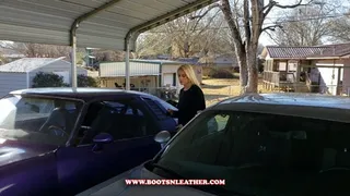 Brooke Tinkering On Her Old Chevy Laguna in Leather Leggings & OTK Boots