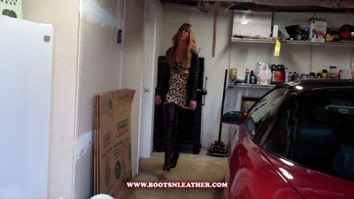 Cassandra Laine Leopard Print Minidress, Leather Thigh High Boots & Pantyhose