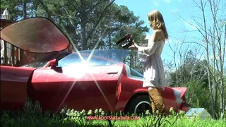 Cassandra Laine Tan Suede OTK Boots Filming Cheyenne Malone Doing Some Pedal Pumping in the Old Camaro