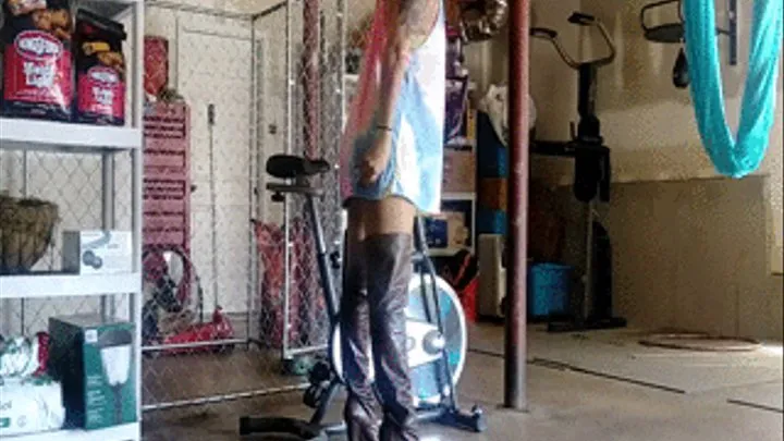 Jane Domino Workout Bike in Long T-Shirt & Brown Leather Thigh High Boots