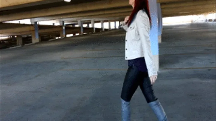 Fallonn Walking Through the Parking Deck in White Leather Jacket & Gray OTK Stiletto Boots