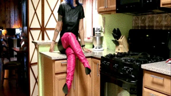 Jane Domino Leathered Up & Pink Thigh High Boots in the Kitchen - Custom 0219