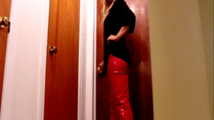 Riley Shiny Red Pants & Shiny Red Platform Thigh High Boots Hallway Tease