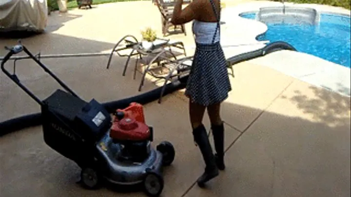 Jane Domino Gassing Up & Pushing Mower in Well-Worn Gray Lace Knee High Boots