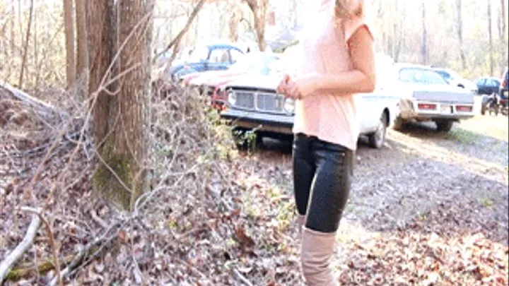 Cassandra Walking in the Woods in Leather Pants & OTK Boots