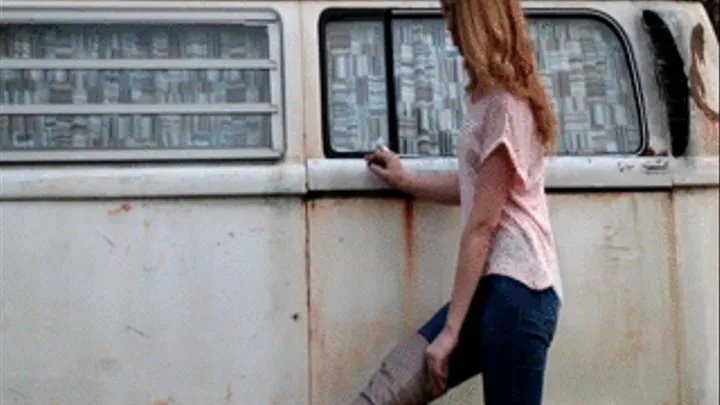 Cassandra Modeling Taupe Colored OTK Boots Over Jeans by the VW Bus