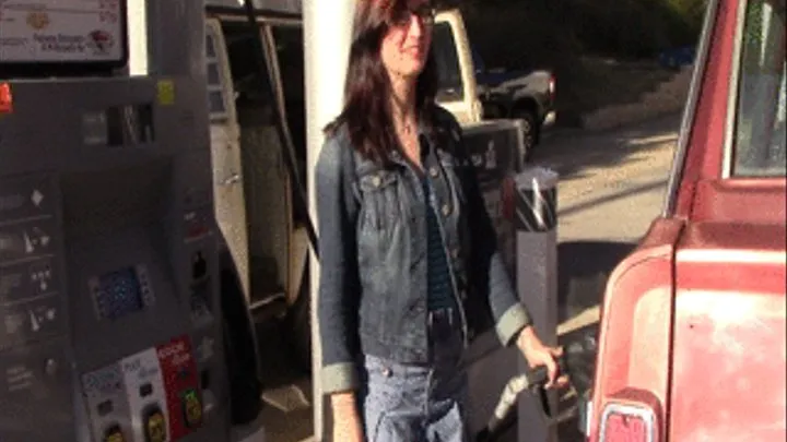 Natalie Knight Gets Gas for the Jeep in Denim & Thigh High Boots