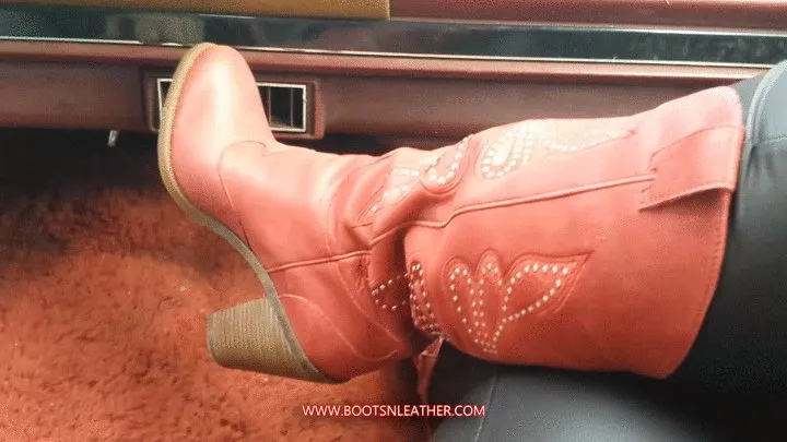 Scarlet Riding in the Jeep Red Jessica Simpson Cowgirl Boots & Faux Leather Leggings