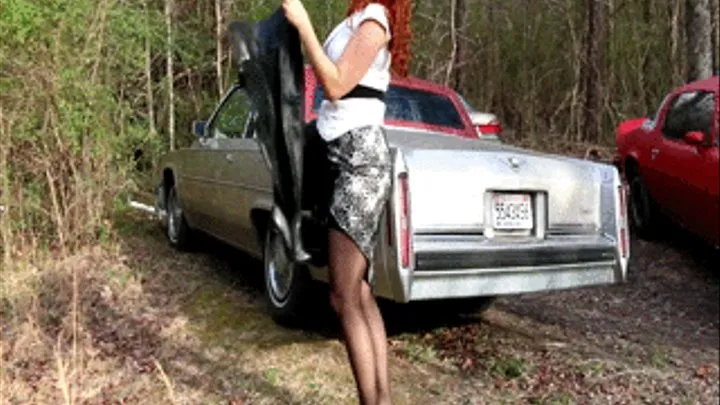 Vivian Ireene Pierce Slips on Black Leather Thigh High Boots Over Black Pantyhose in the Caddy