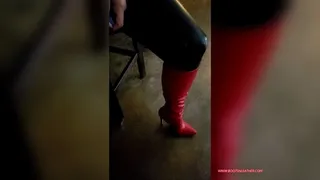 Vivian Ireene Pierce Red Leather Knee High Boots & Leather Pants Bar Stool Tease
