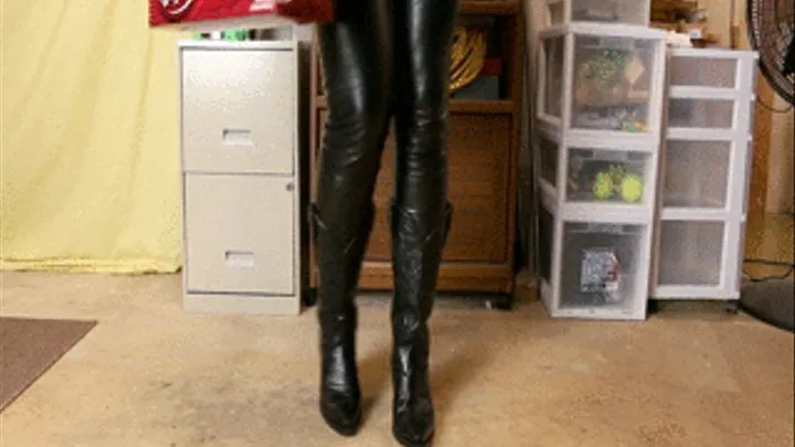 Cassandra Crushing Cans in Black Leather Pants & Cowgirl Boots