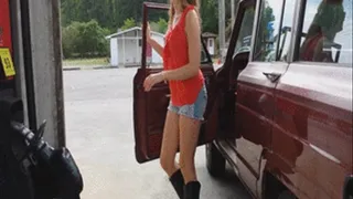 Jenny Gassing Up the Jeep in Tall Chic Cowgirl Boots