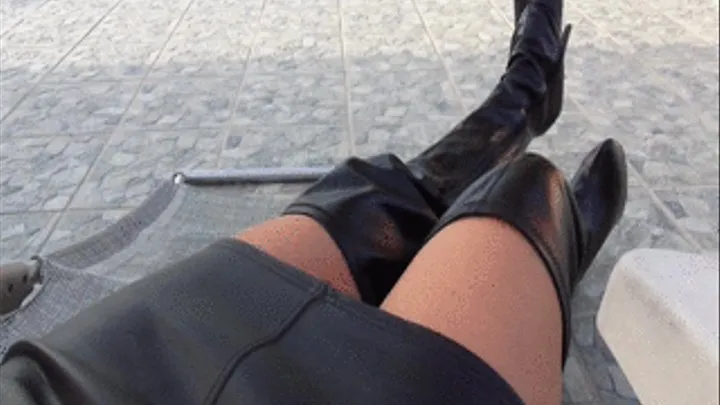 Kate Lounging by the Pool in Leather Dress & Platform Thigh High Boots