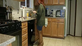 Scarlet Cleaning the Kitchen in Vintage OTK Boots Over Jeans