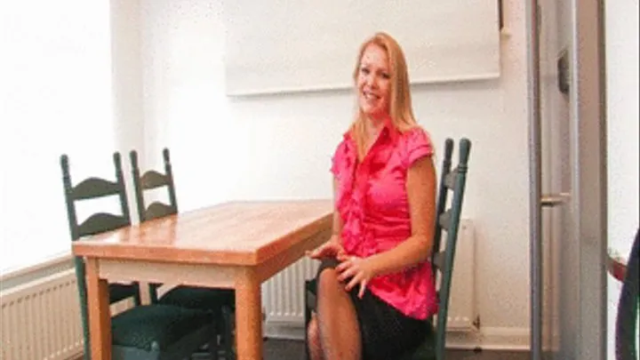 HPF481 Lovely Abigail Toyne is relaxing in her kitchen, looking lovely in her red blouse and tight satin pencil skirt though we are all desperate to see what she has on beneath and a bit more