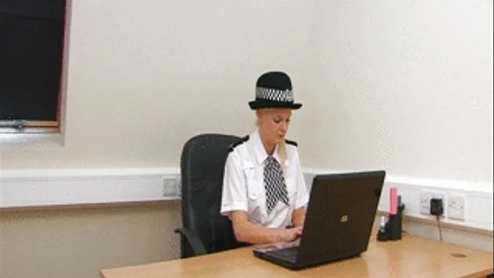 HPF479 WPC Kelly Fox is busy filing a report on a recent stop and search, but she's alone in the office, with us, and likes the idea of giving us all a naughty little flash of her knickers and more...