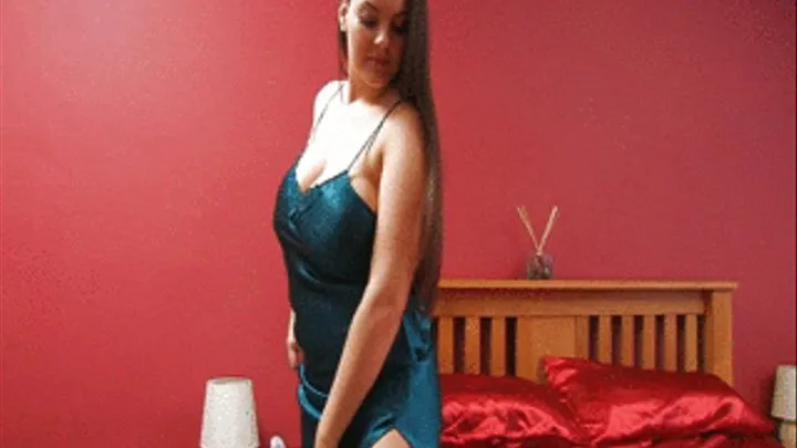 HPF 670 Busty Cherry Blush is in her bedroom, wearing a turquoise shiny satin chemise but of course, whilst she looks superb on that, we want to know a lot more about what she is wearing beneath it all, off with the chemise Cherry..